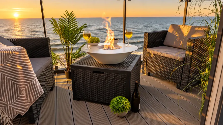 Ethanol Feuerschale auf einer Terrasse bei Sonnenuntergang am Meer